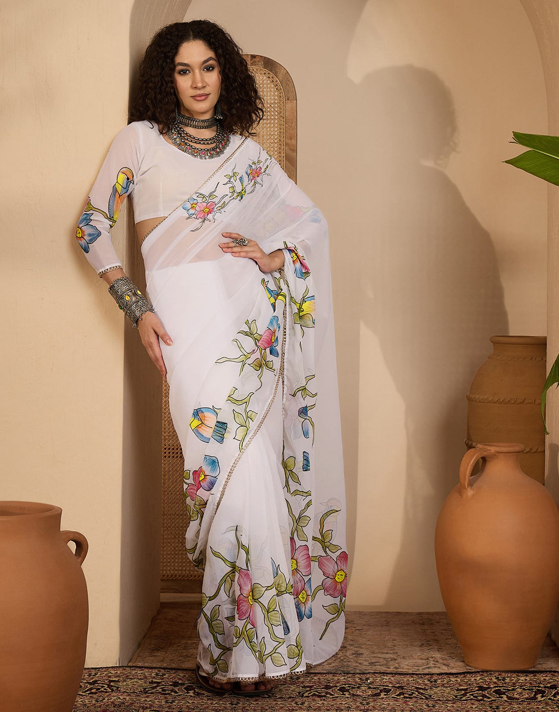 White Georgette Floral Printed Saree