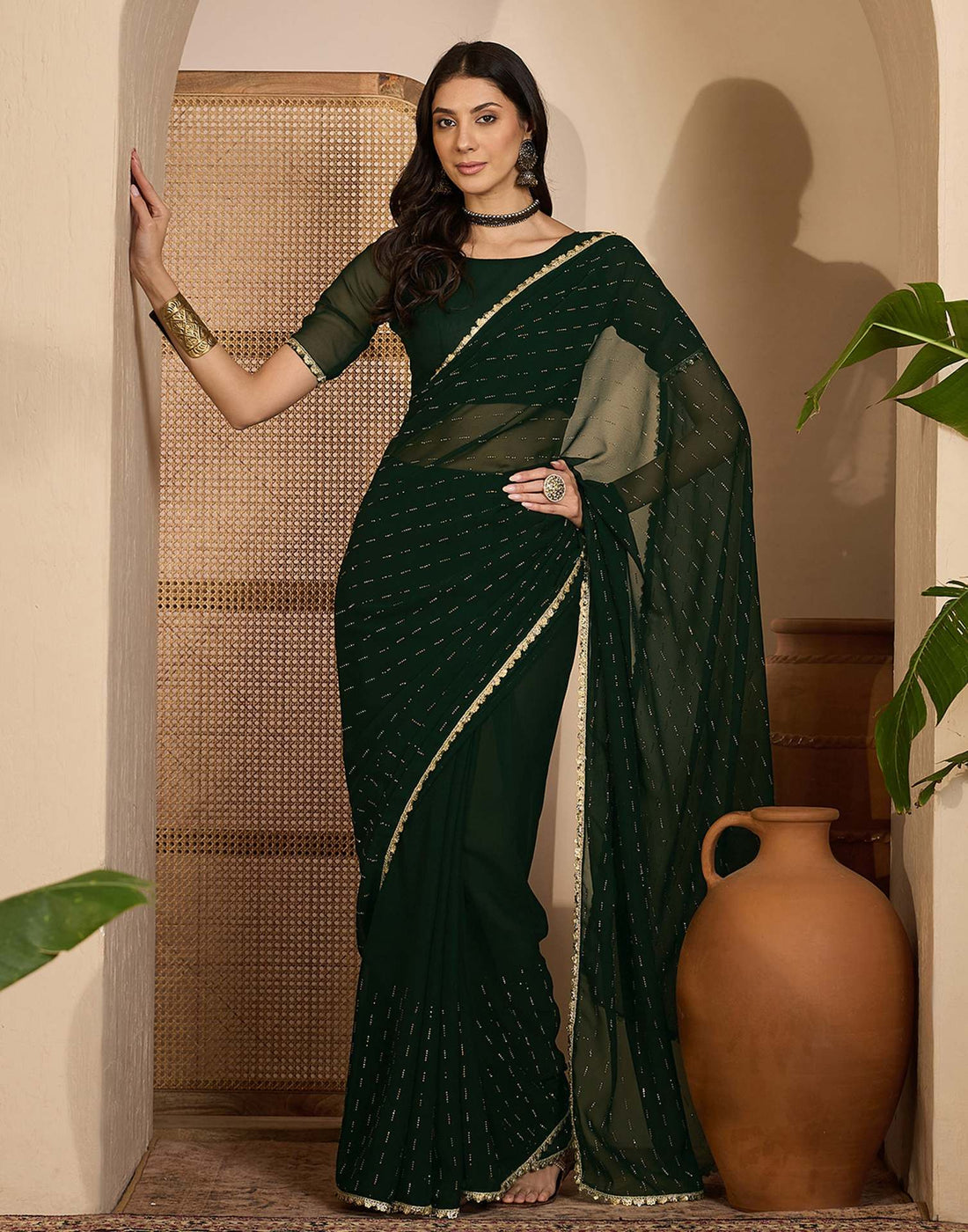 Bottle Green Georgette Stone Work Lace Saree