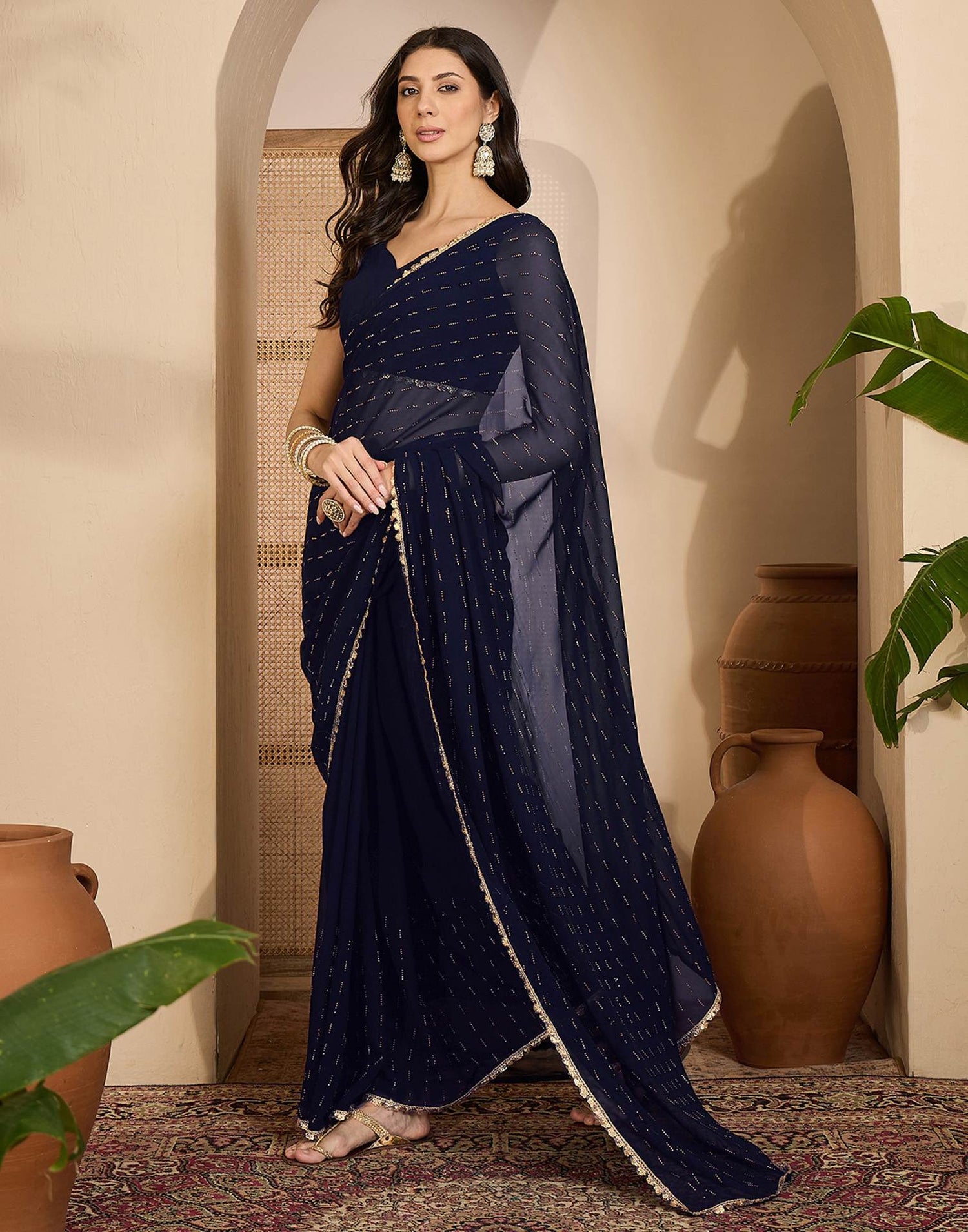 Navy Blue Georgette Stone Work Lace Saree