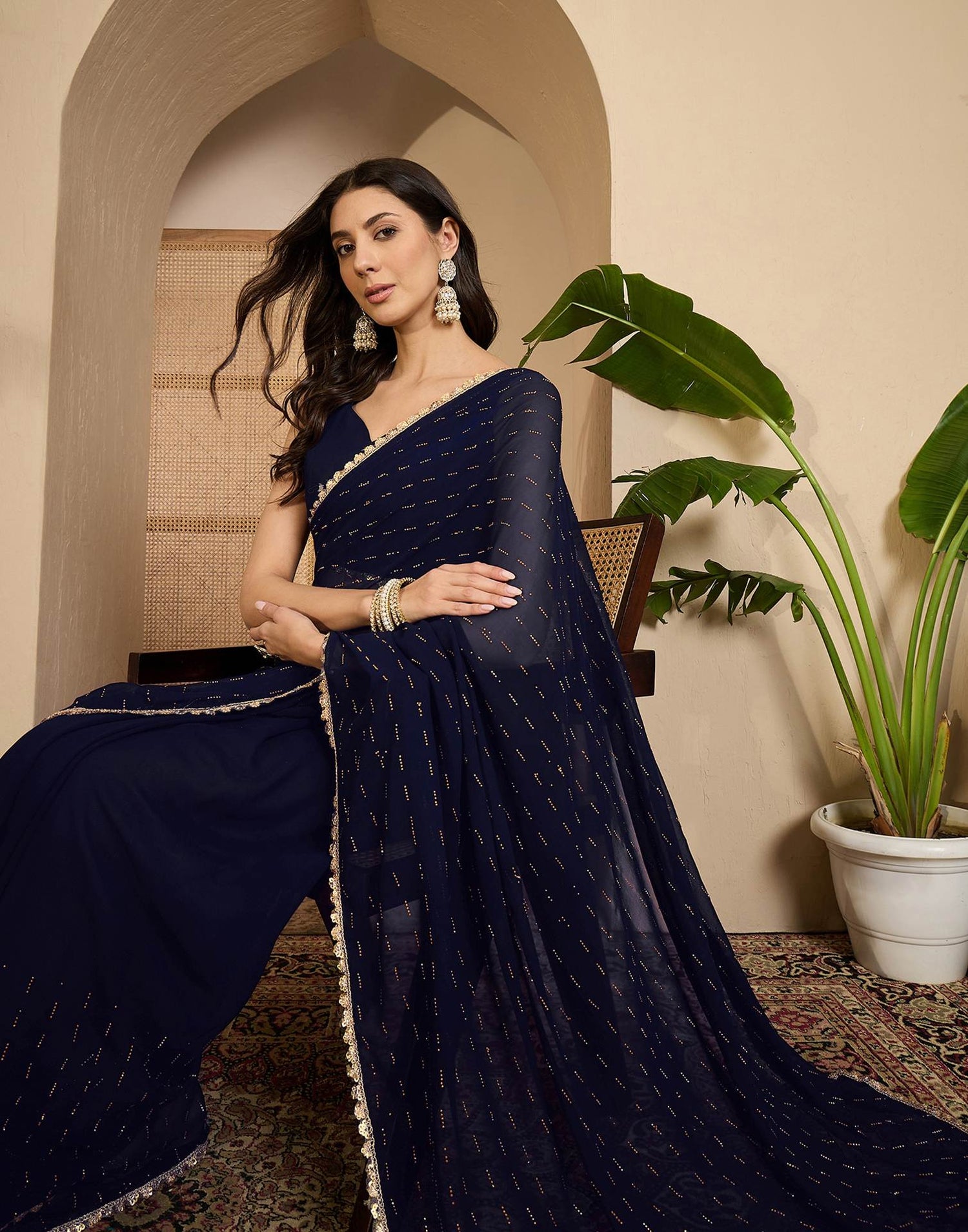 Navy Blue Georgette Stone Work Lace Saree