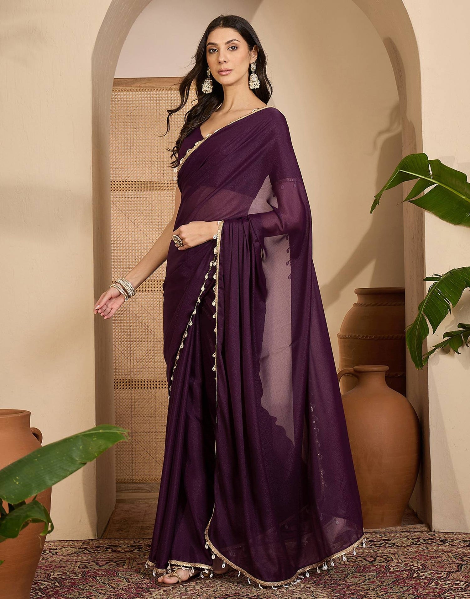 Wine Shimmer Lace Saree