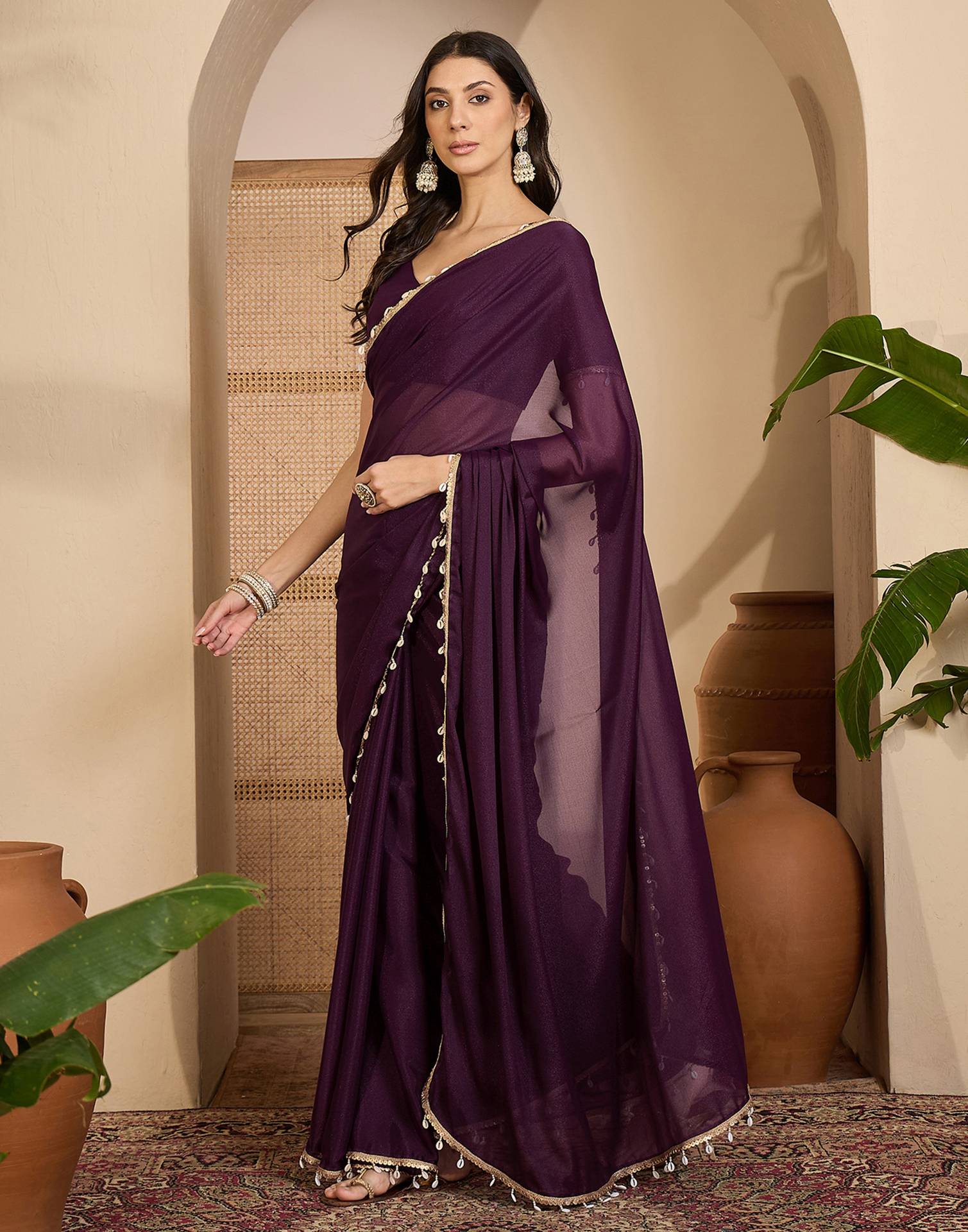 Wine Shimmer Lace Saree