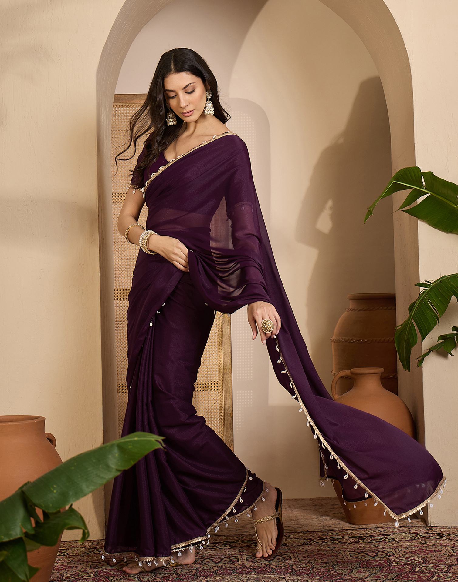 Wine Shimmer Lace Saree