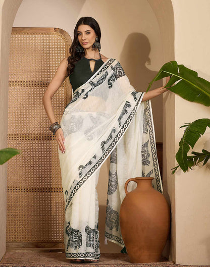 Off White Linen Printed Saree