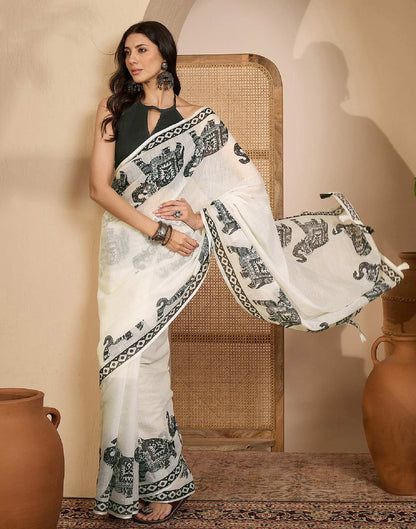 Off White Linen Printed Saree