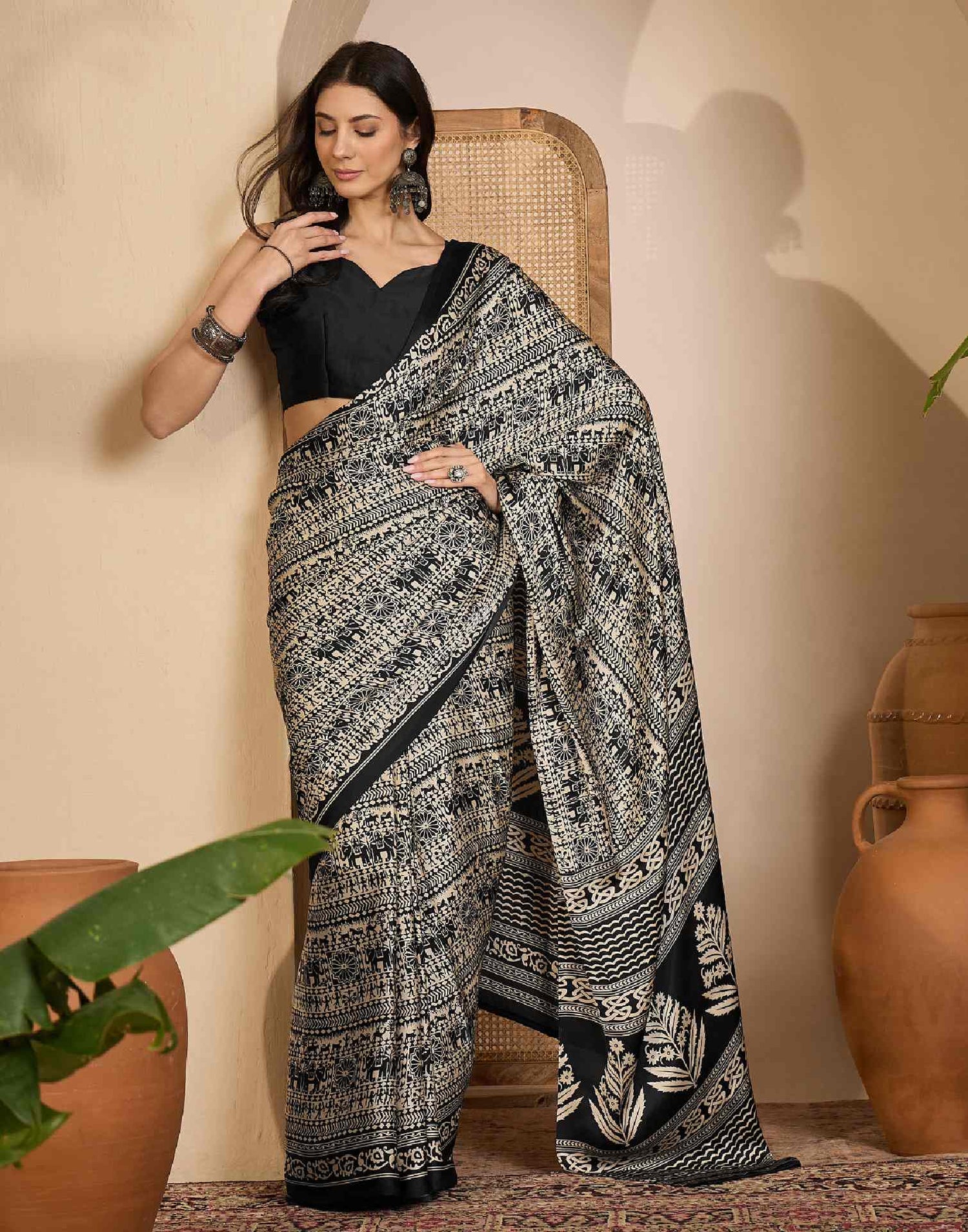 Black Satin Printed Saree