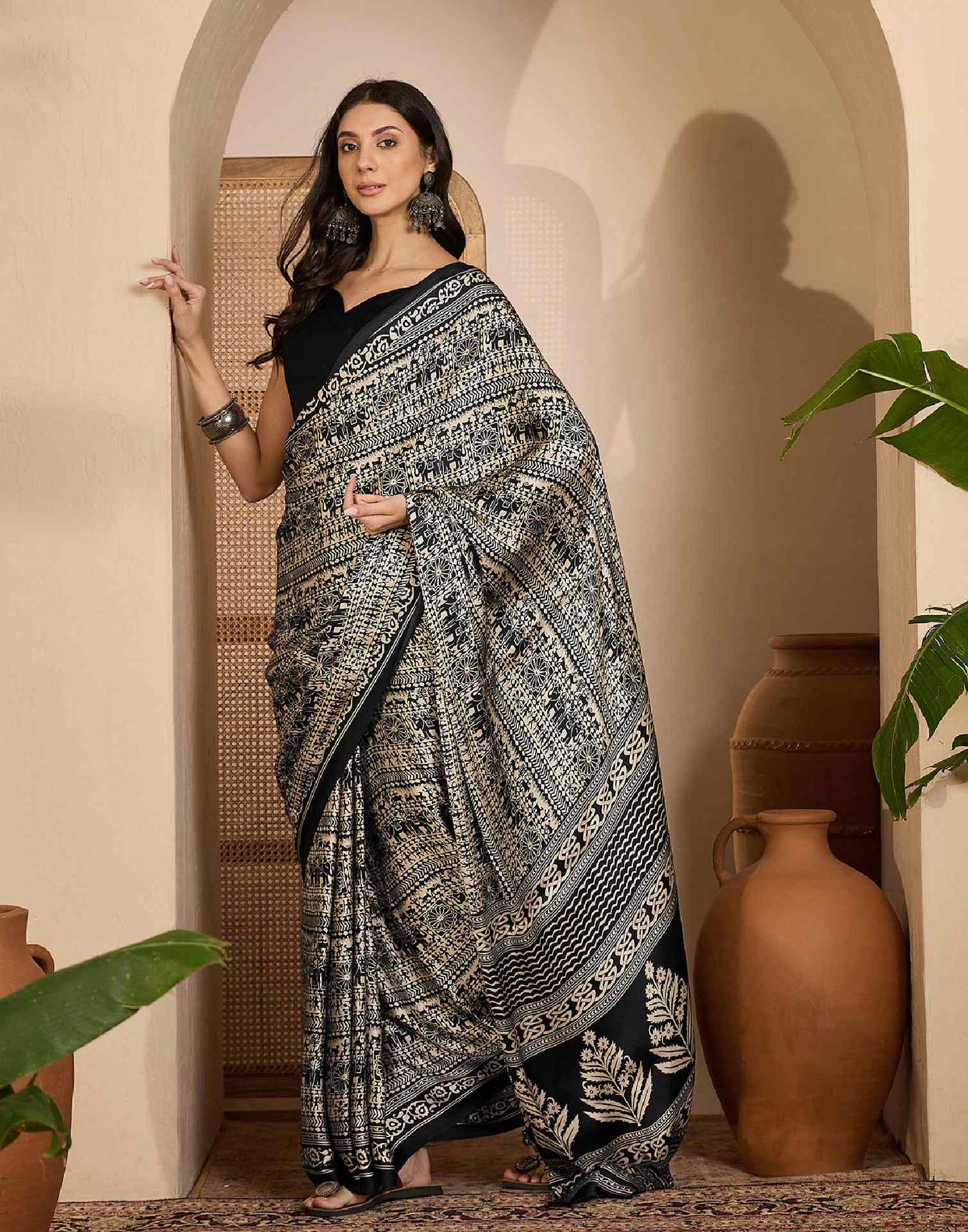 Black Satin Printed Saree