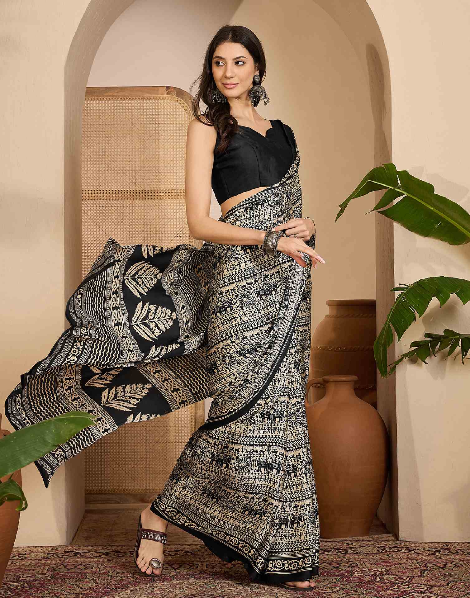 Black Satin Printed Saree