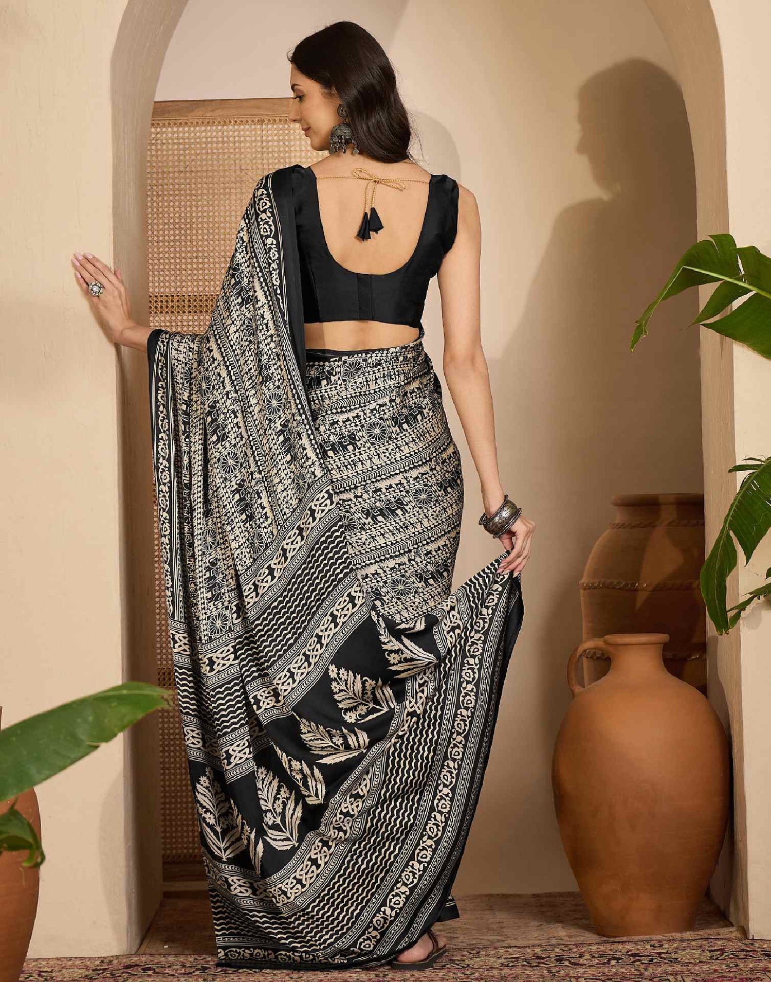 Black Satin Printed Saree