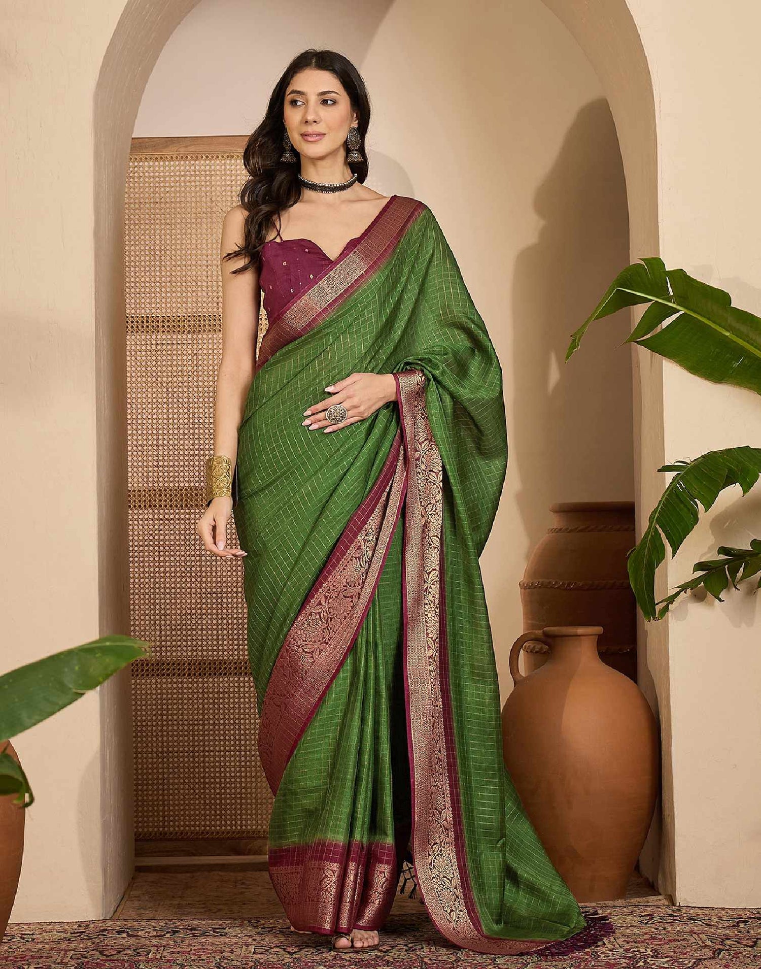 Olive Green Silk Woven Zari Stripe Saree