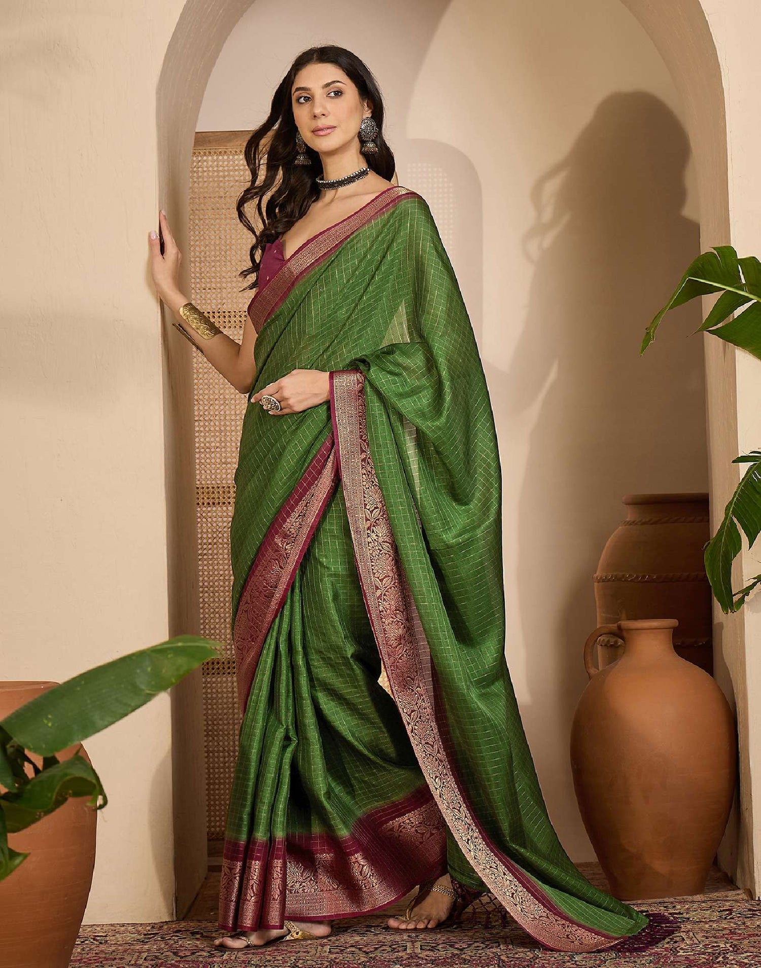 Olive Green Silk Woven Zari Stripe Saree