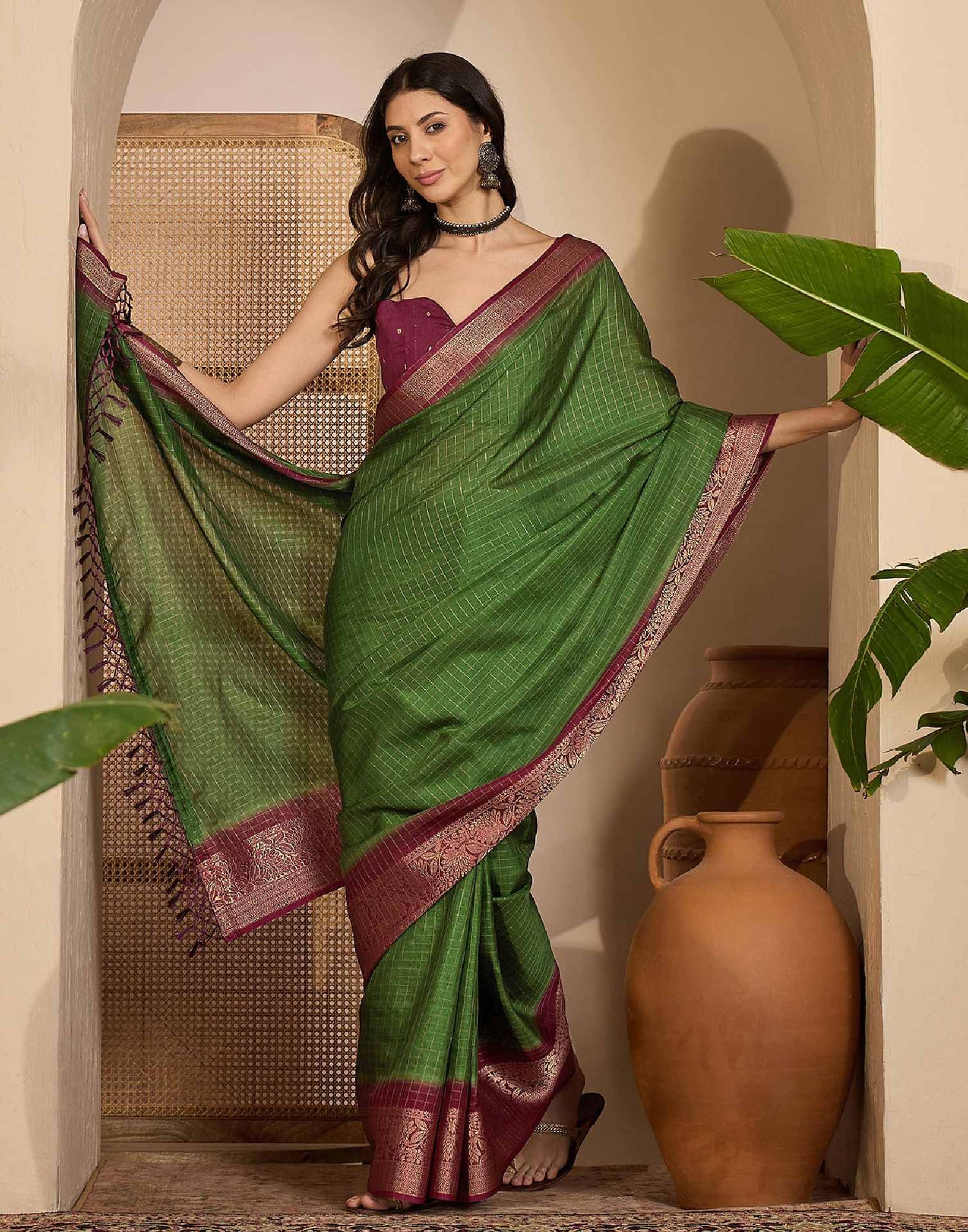 Olive Green Silk Woven Zari Stripe Saree