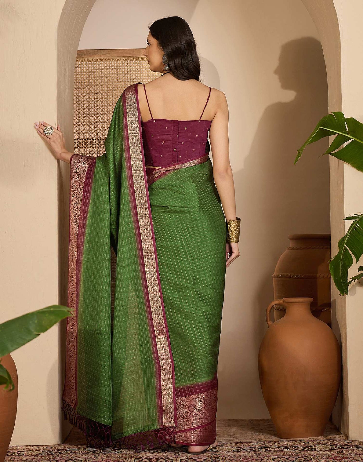 Olive Green Silk Woven Zari Stripe Saree