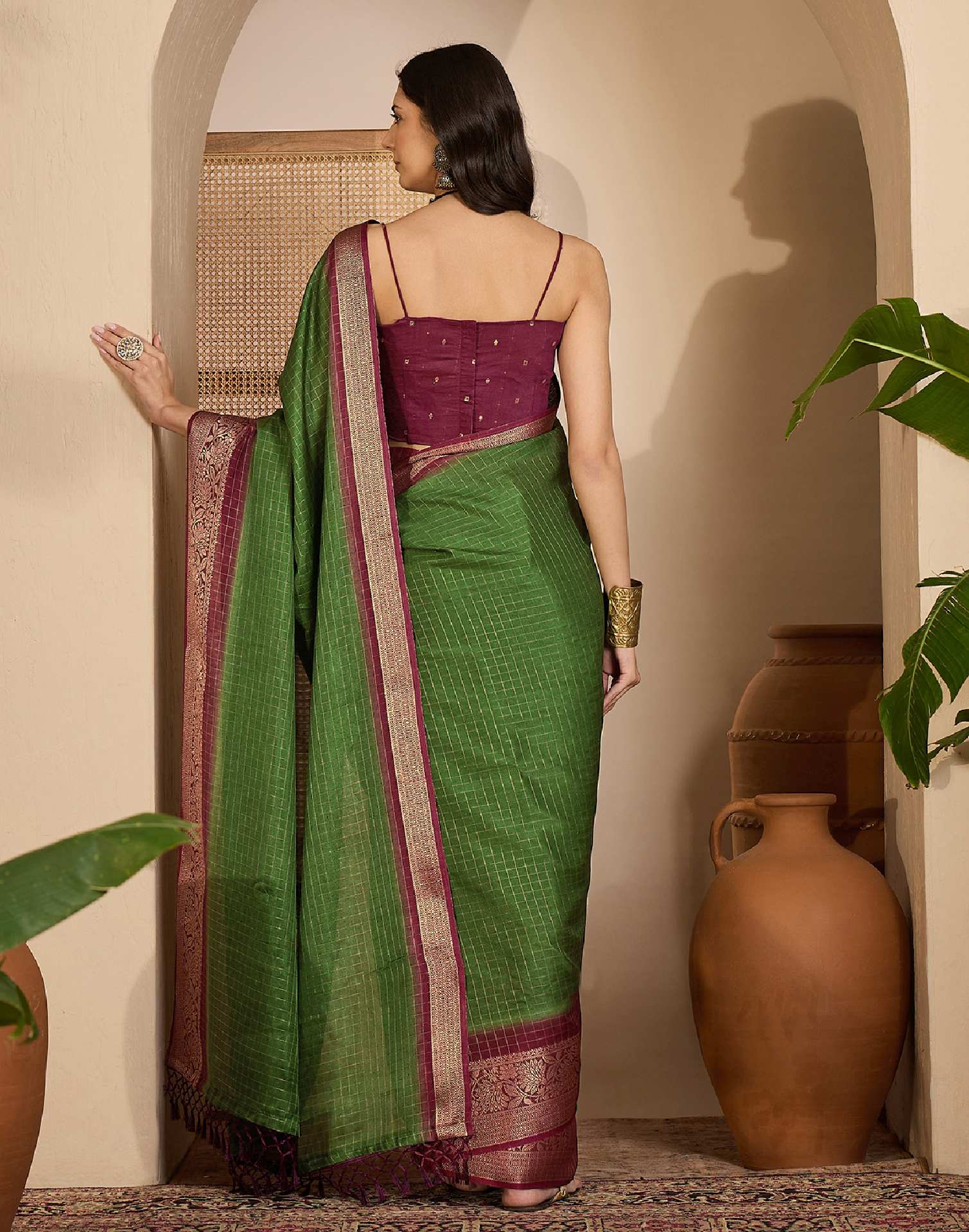 Olive Green Silk Woven Zari Stripe Saree