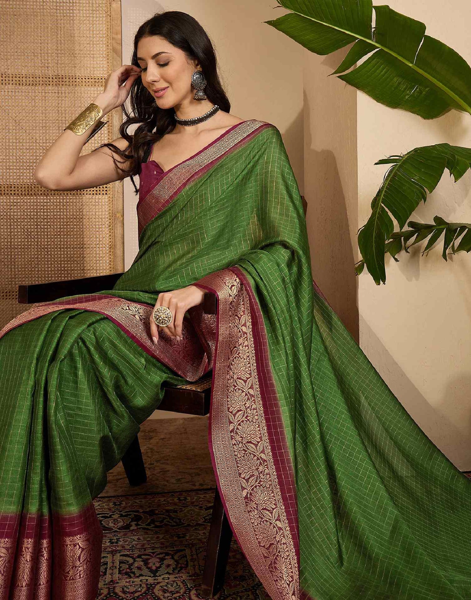 Olive Green Silk Woven Zari Stripe Saree