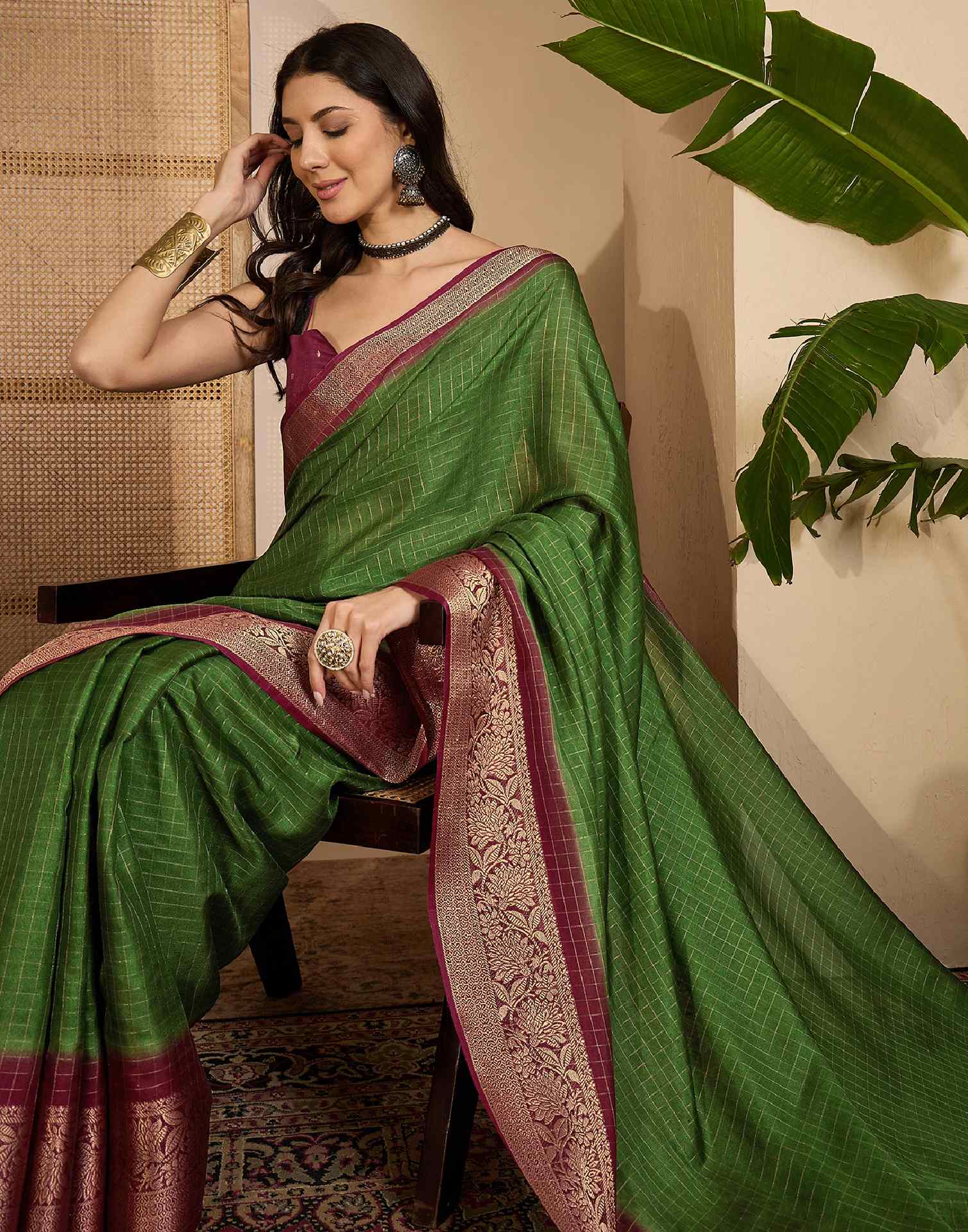 Olive Green Silk Woven Zari Stripe Saree