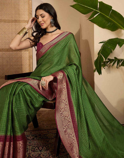 Olive Green Silk Woven Zari Stripe Saree