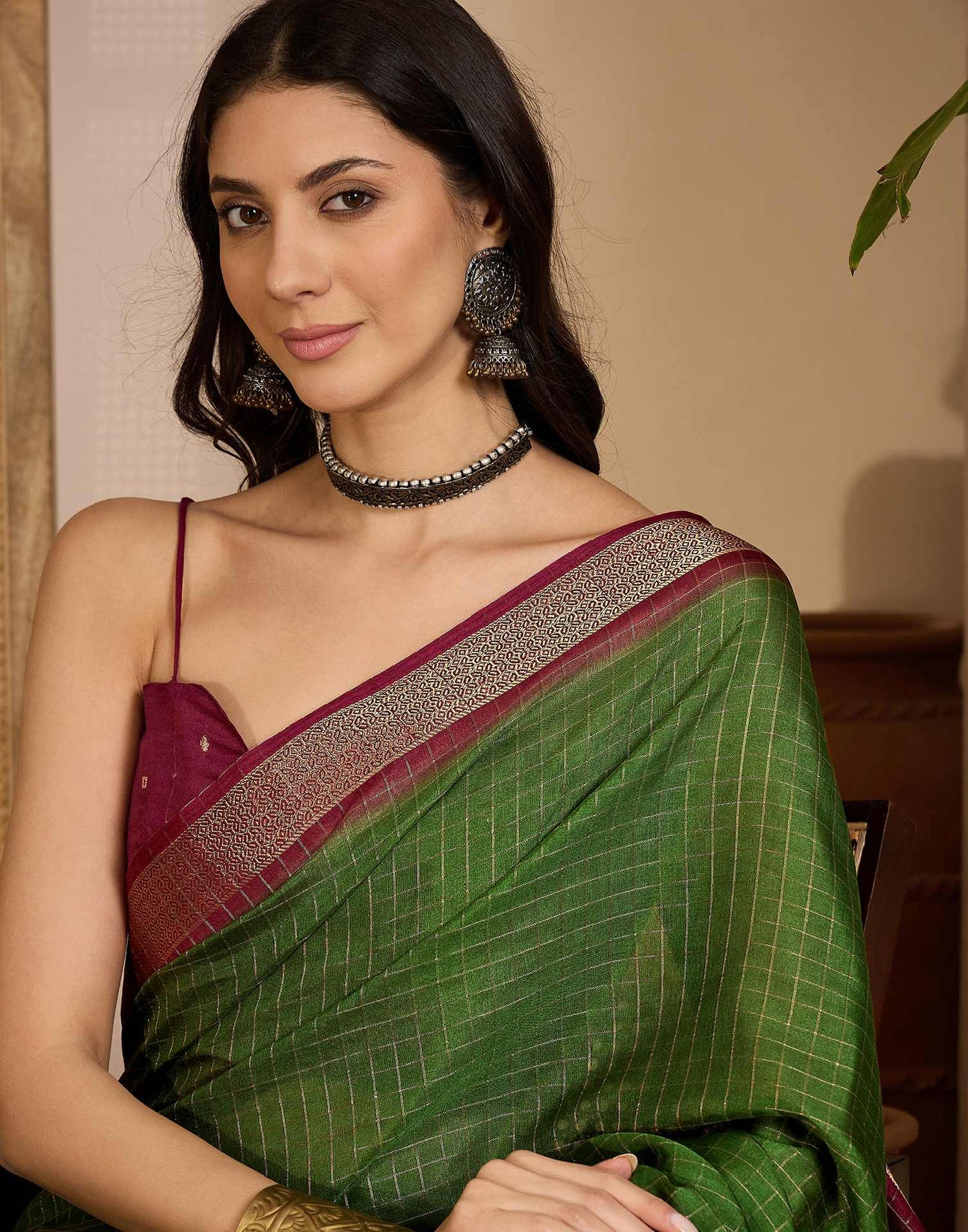 Olive Green Silk Woven Zari Stripe Saree