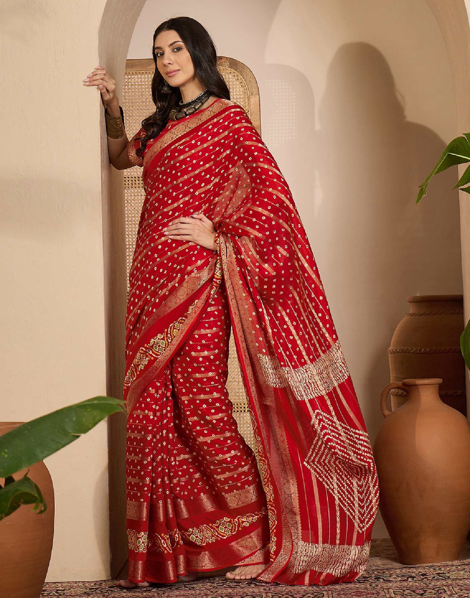 Red Silk Printed Bandhani Saree