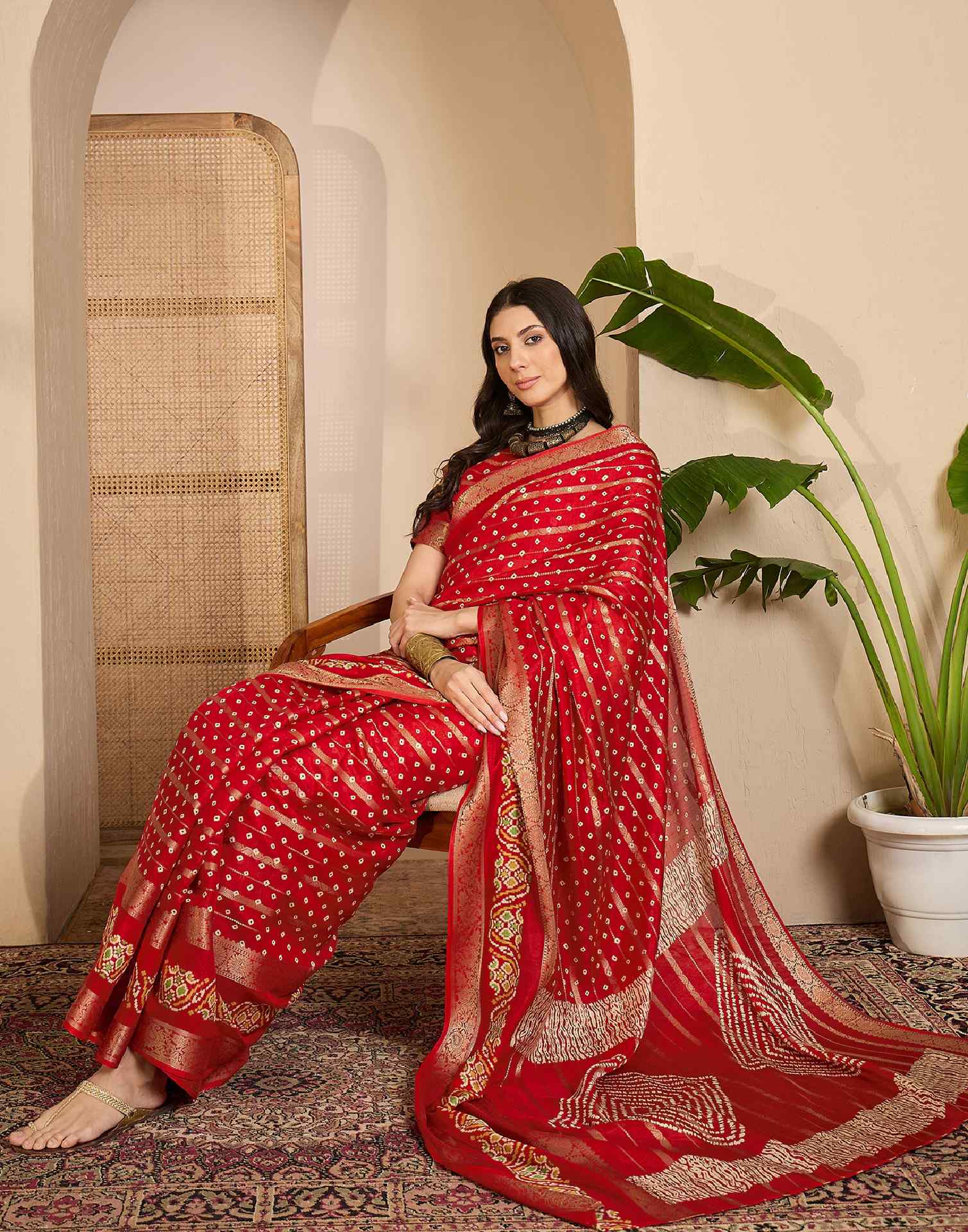 Red Silk Printed Bandhani Saree