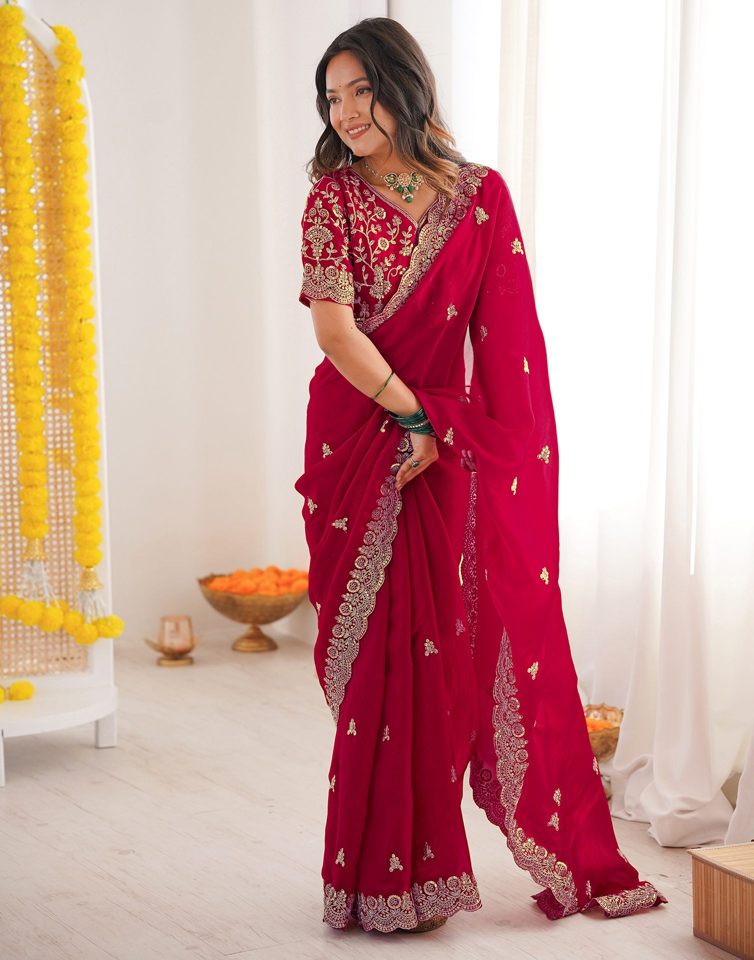 Dark Pink Tissue Silk Sequence Embroidery Saree