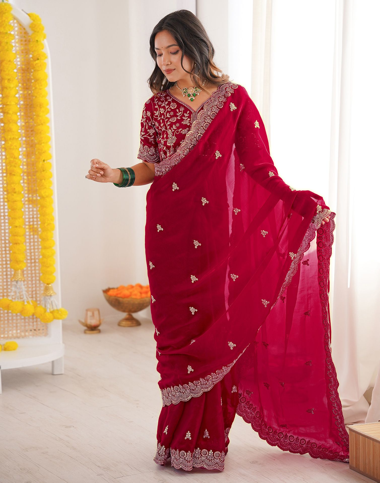 Dark Pink Tissue Silk Sequence Embroidery Saree