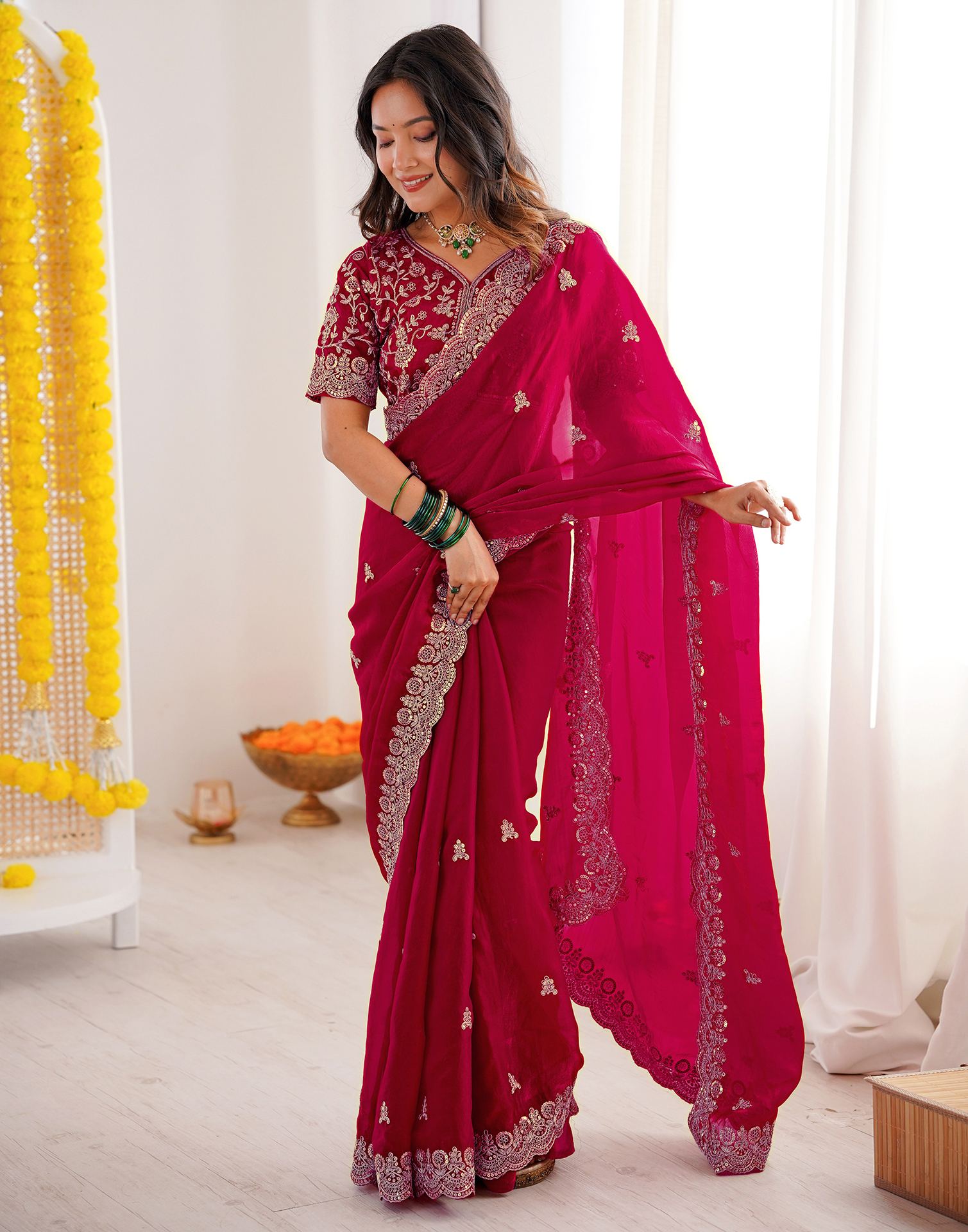 Dark Pink Tissue Silk Sequence Embroidery Saree