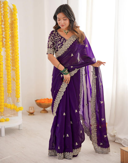 Purple Tissue Silk Sequence Embroidery Saree
