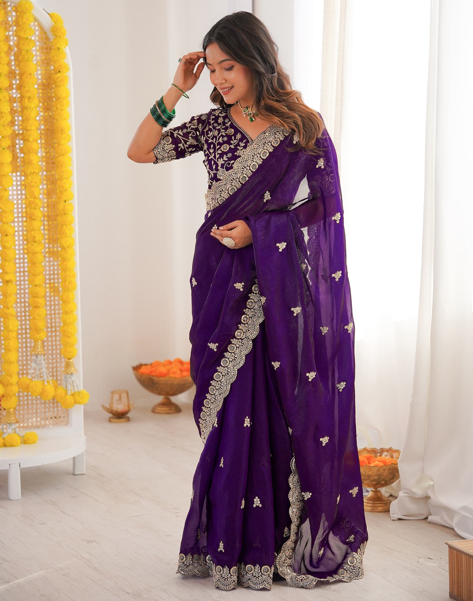 Purple Tissue Silk Sequence Embroidery Saree