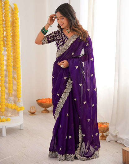Purple Tissue Silk Sequence Embroidery Saree