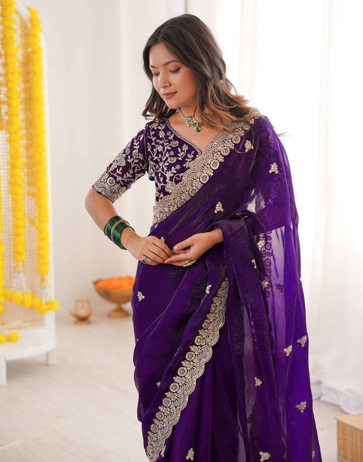 Purple Tissue Silk Sequence Embroidery Saree