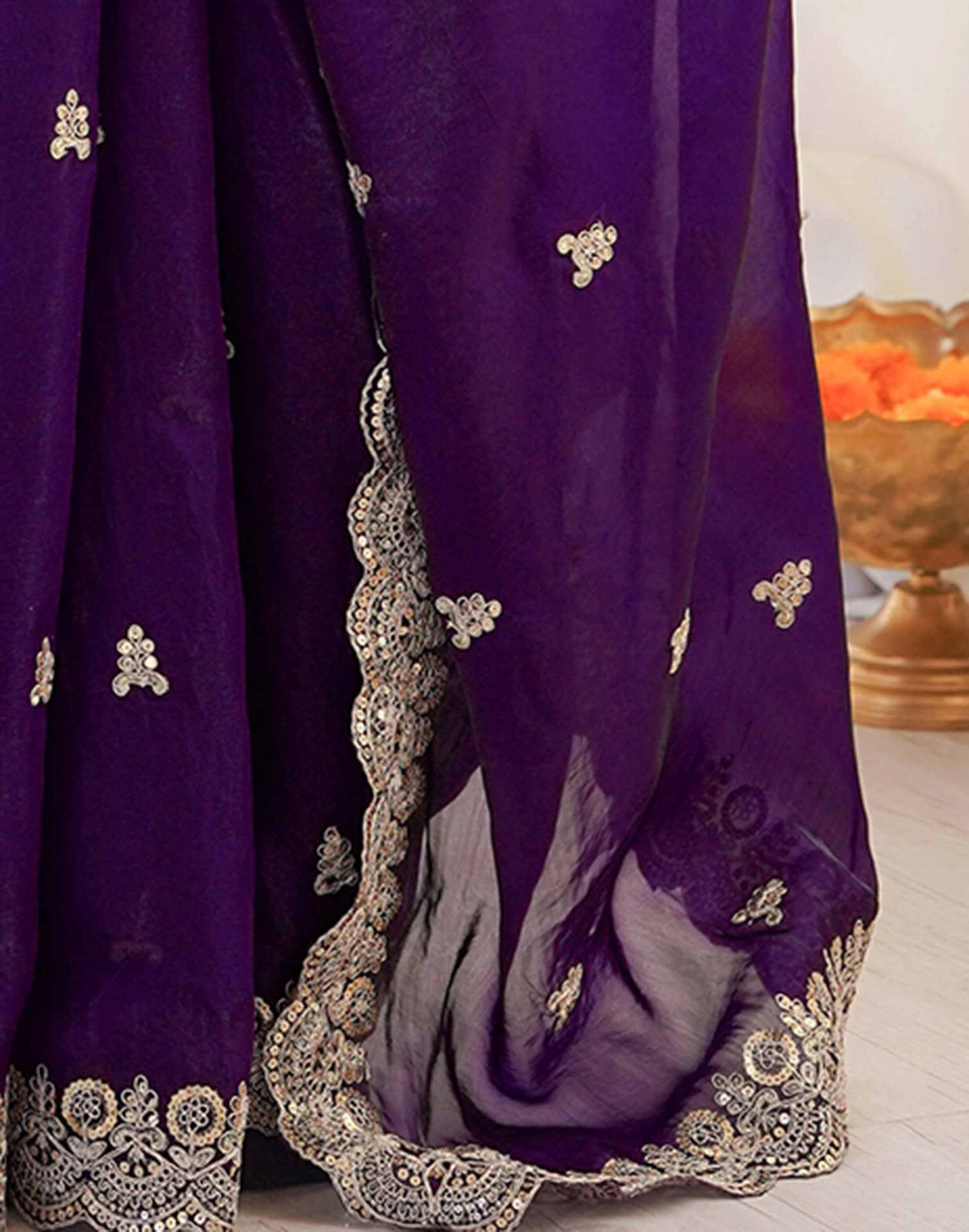Purple Tissue Silk Sequence Embroidery Saree