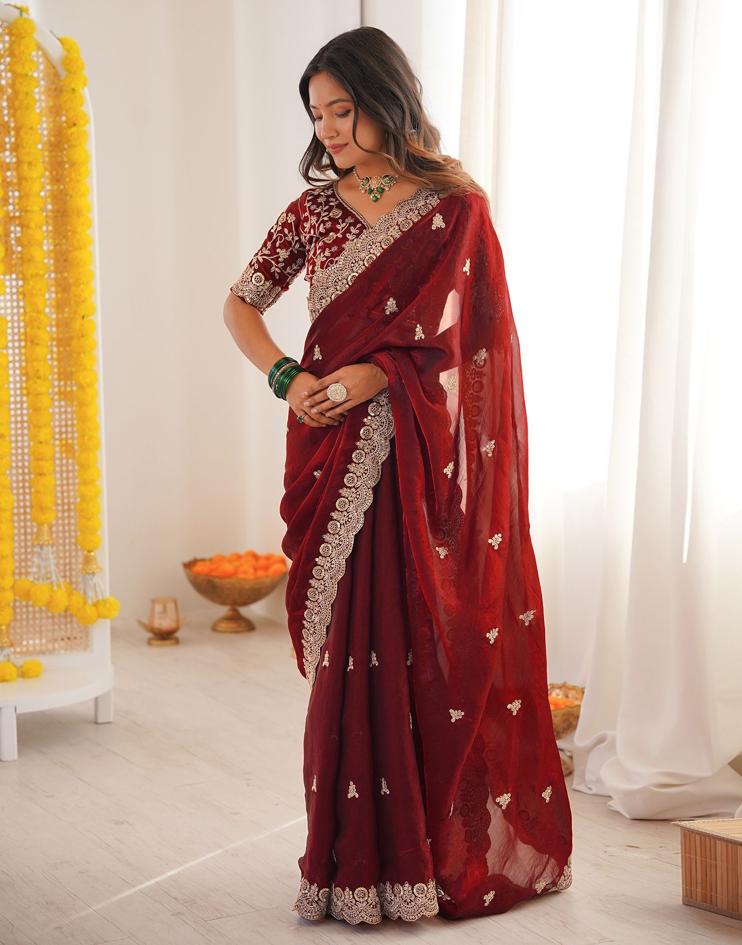 Maroon Tissue Silk Sequence Embroidery Saree