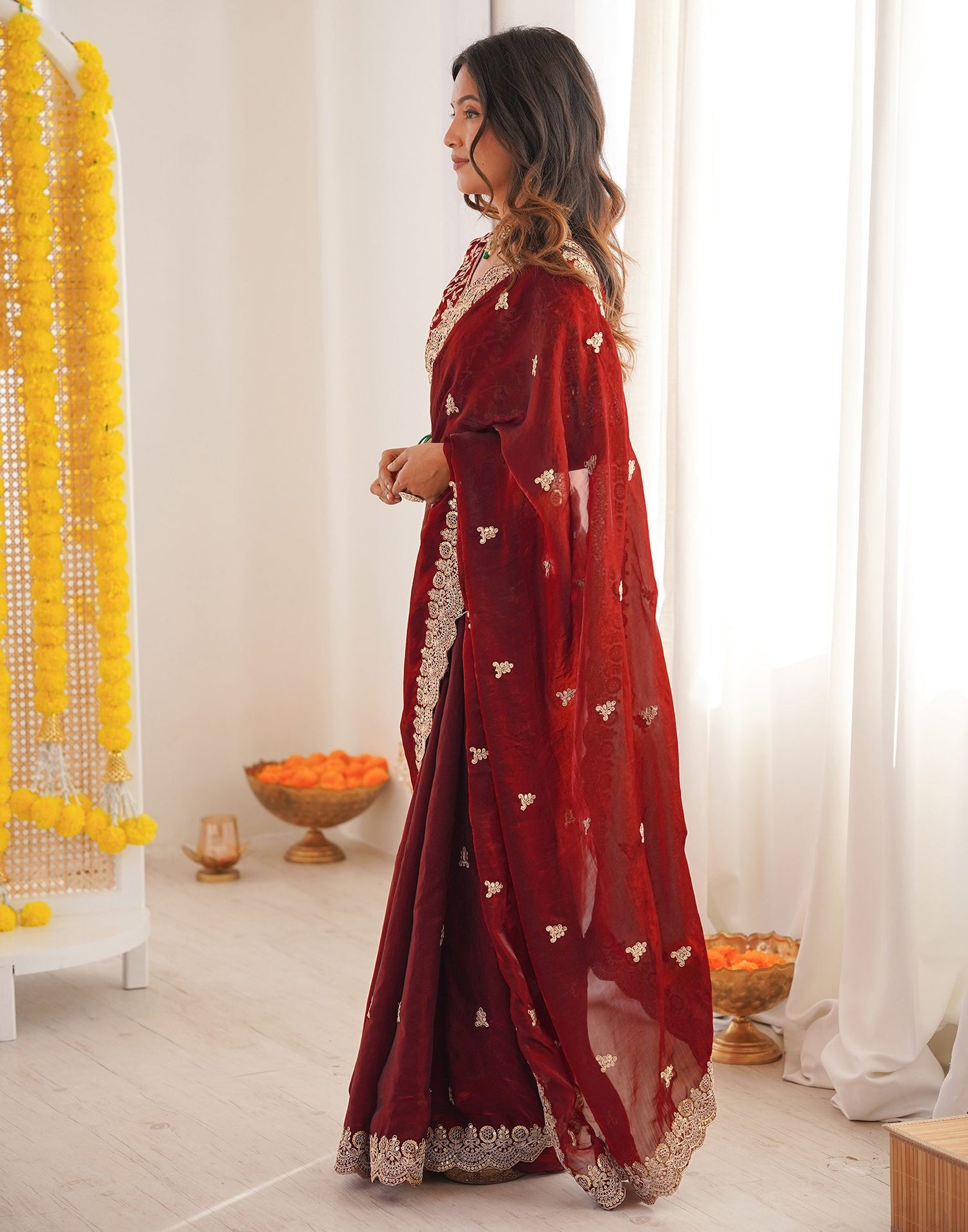 Maroon Tissue Silk Sequence Embroidery Saree