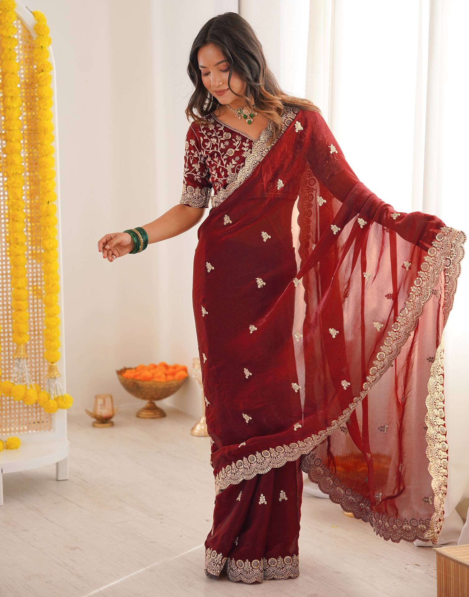 Maroon Tissue Silk Sequence Embroidery Saree