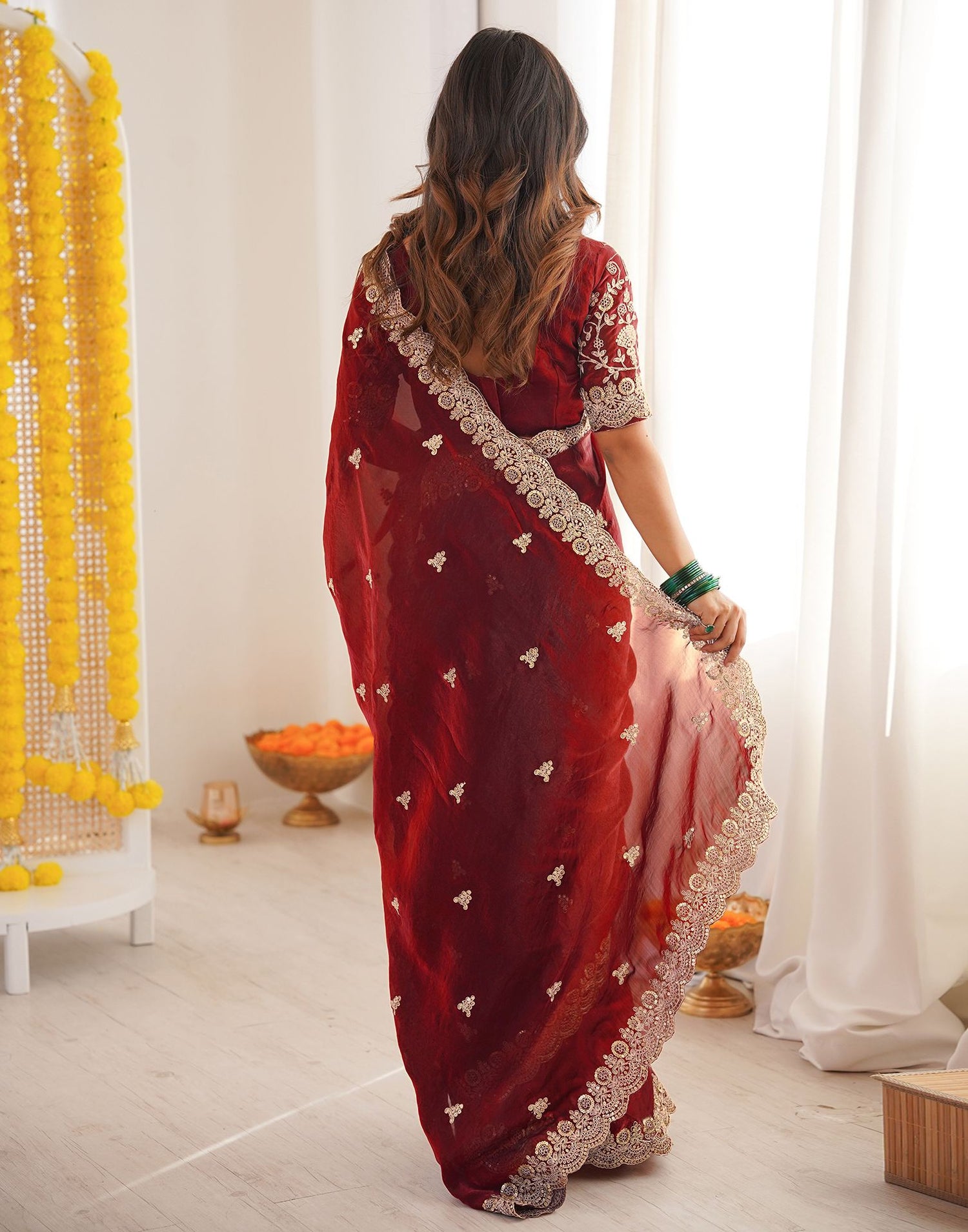 Maroon Tissue Silk Sequence Embroidery Saree