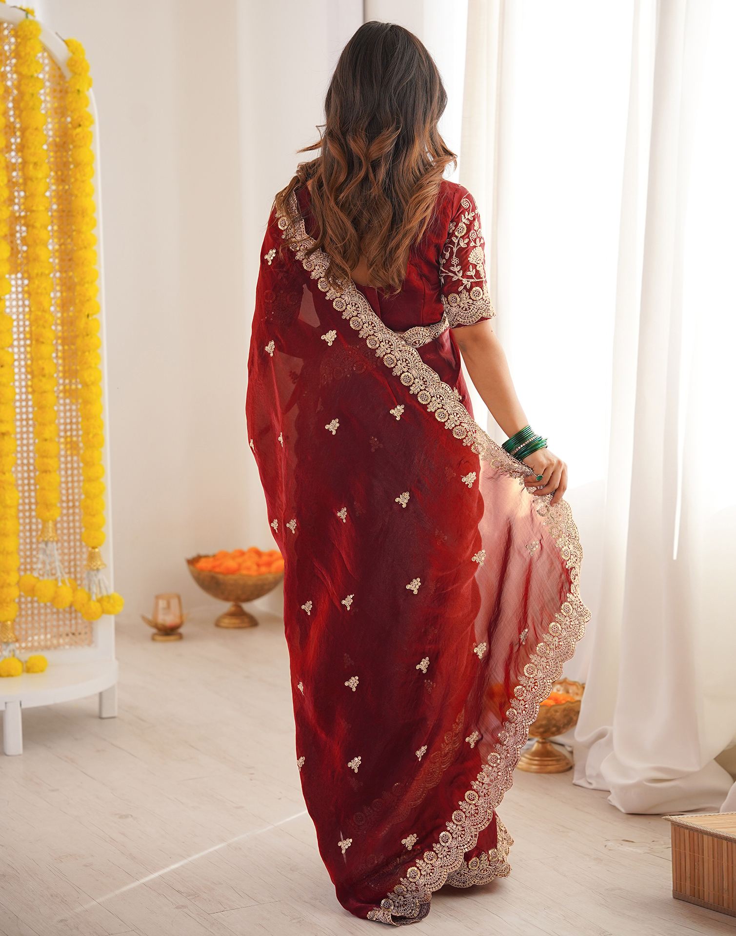 Maroon Tissue Silk Sequence Embroidery Saree