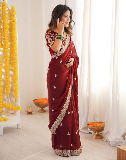 Maroon Tissue Silk Sequence Embroidery Saree