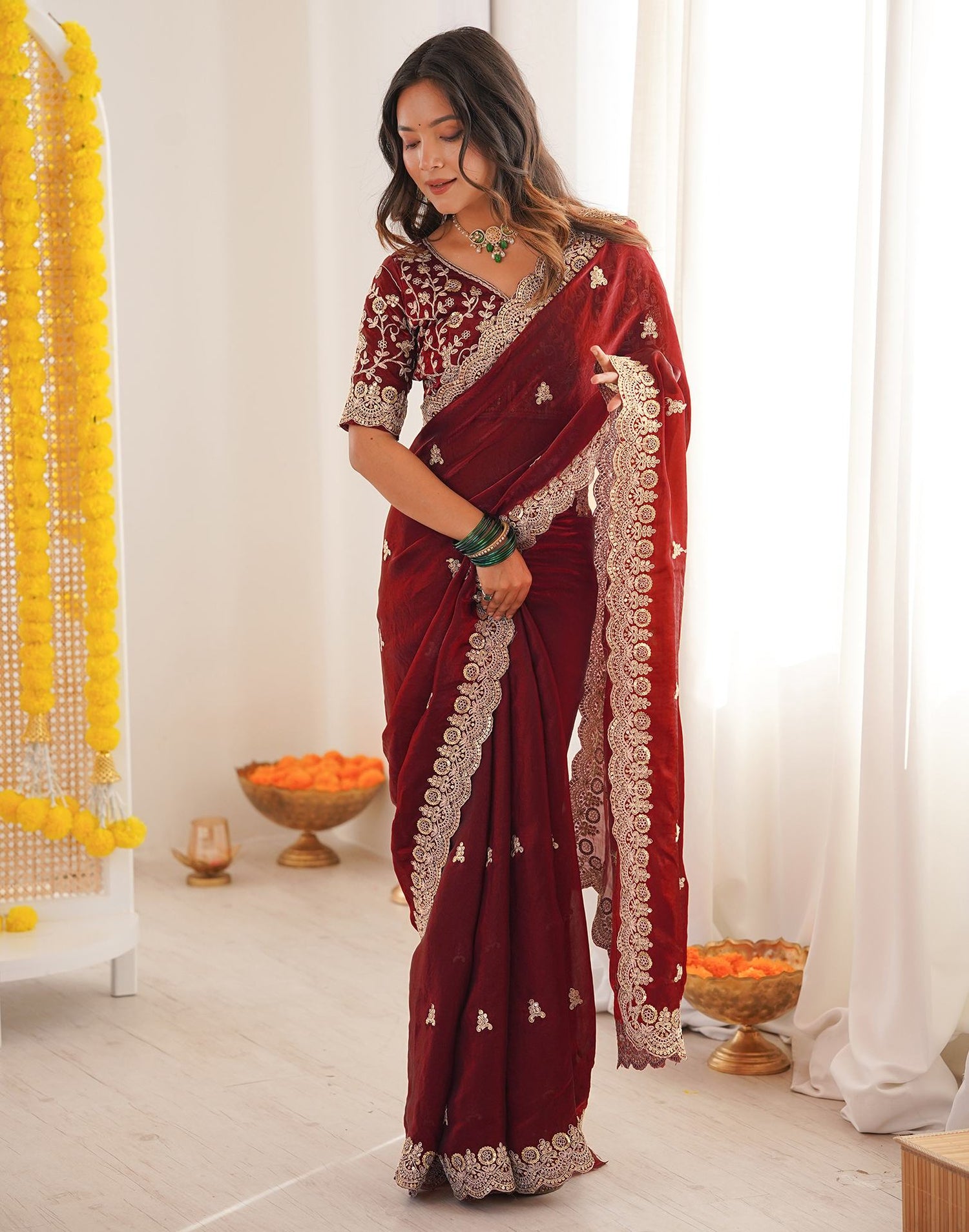 Maroon Tissue Silk Sequence Embroidery Saree