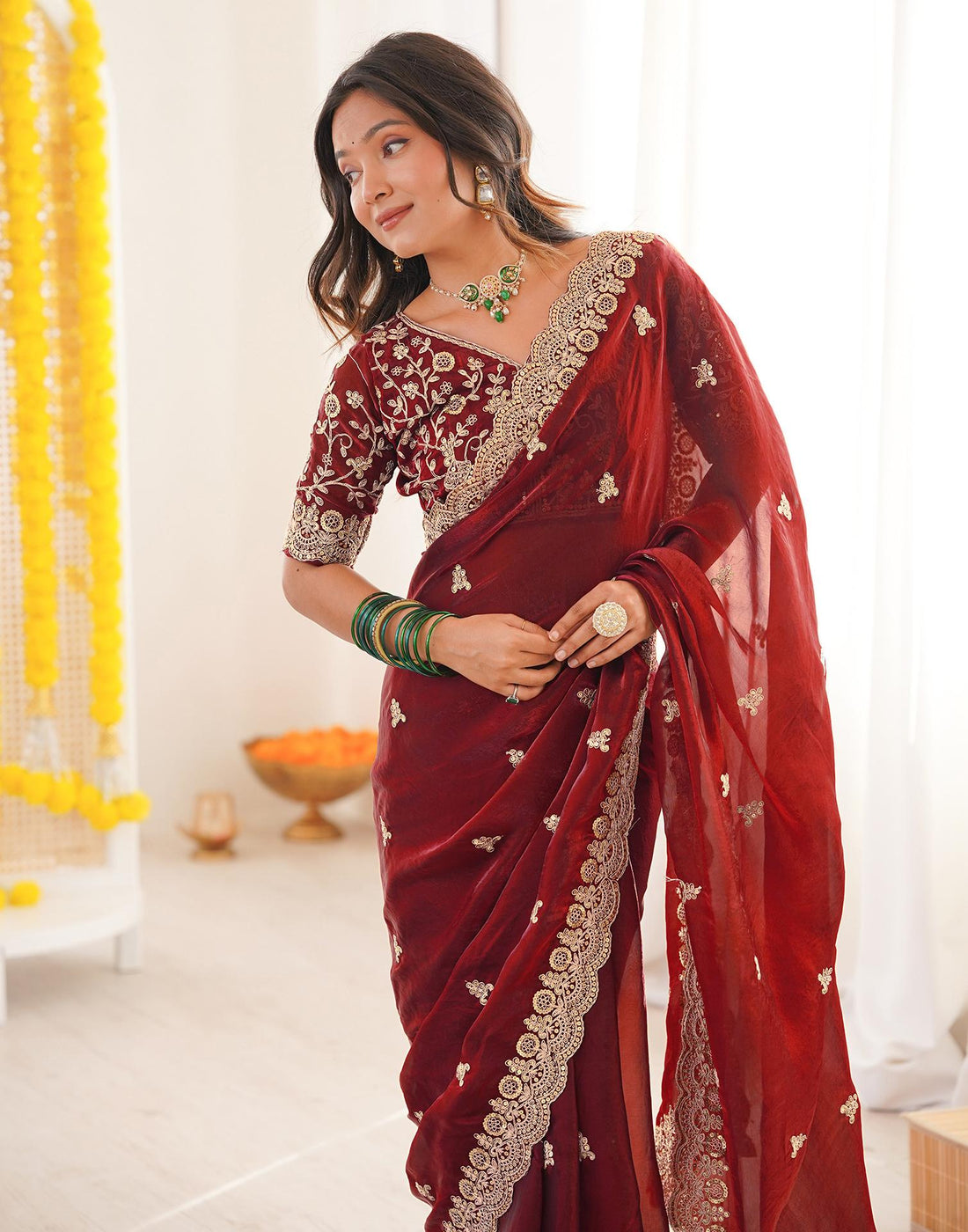 Maroon Tissue Silk Sequence Embroidery Saree