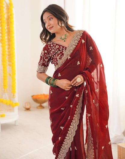 Maroon Tissue Silk Sequence Embroidery Saree