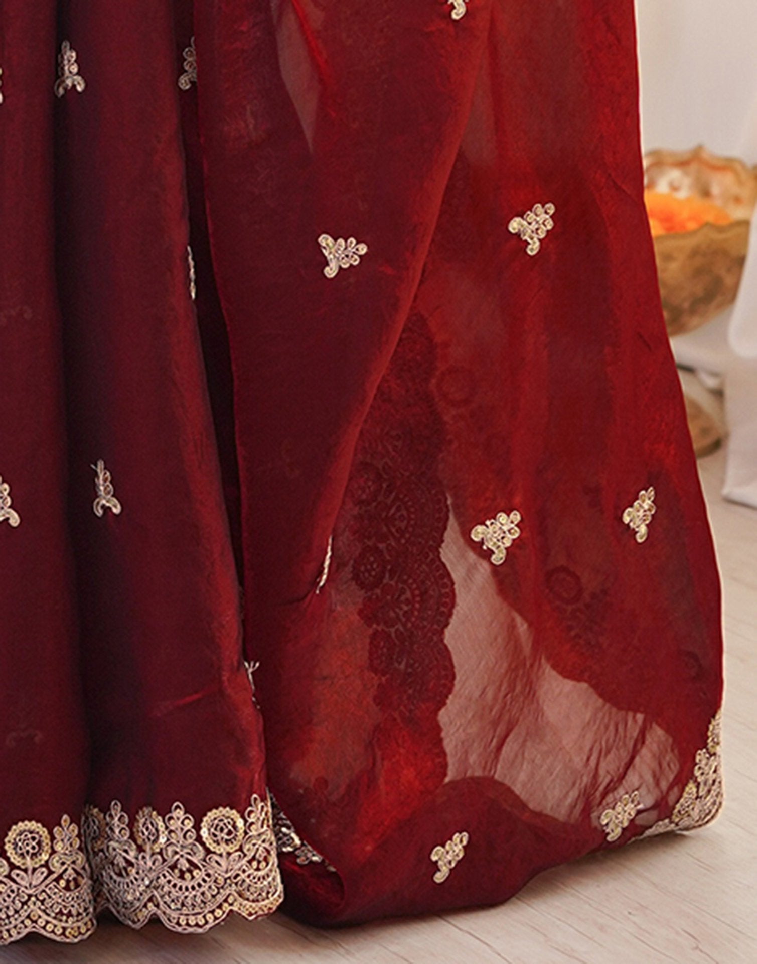 Maroon Tissue Silk Sequence Embroidery Saree