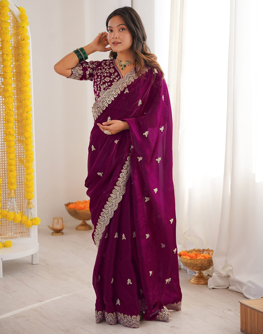 Magenta Tissue Silk Sequence Embroidery Saree