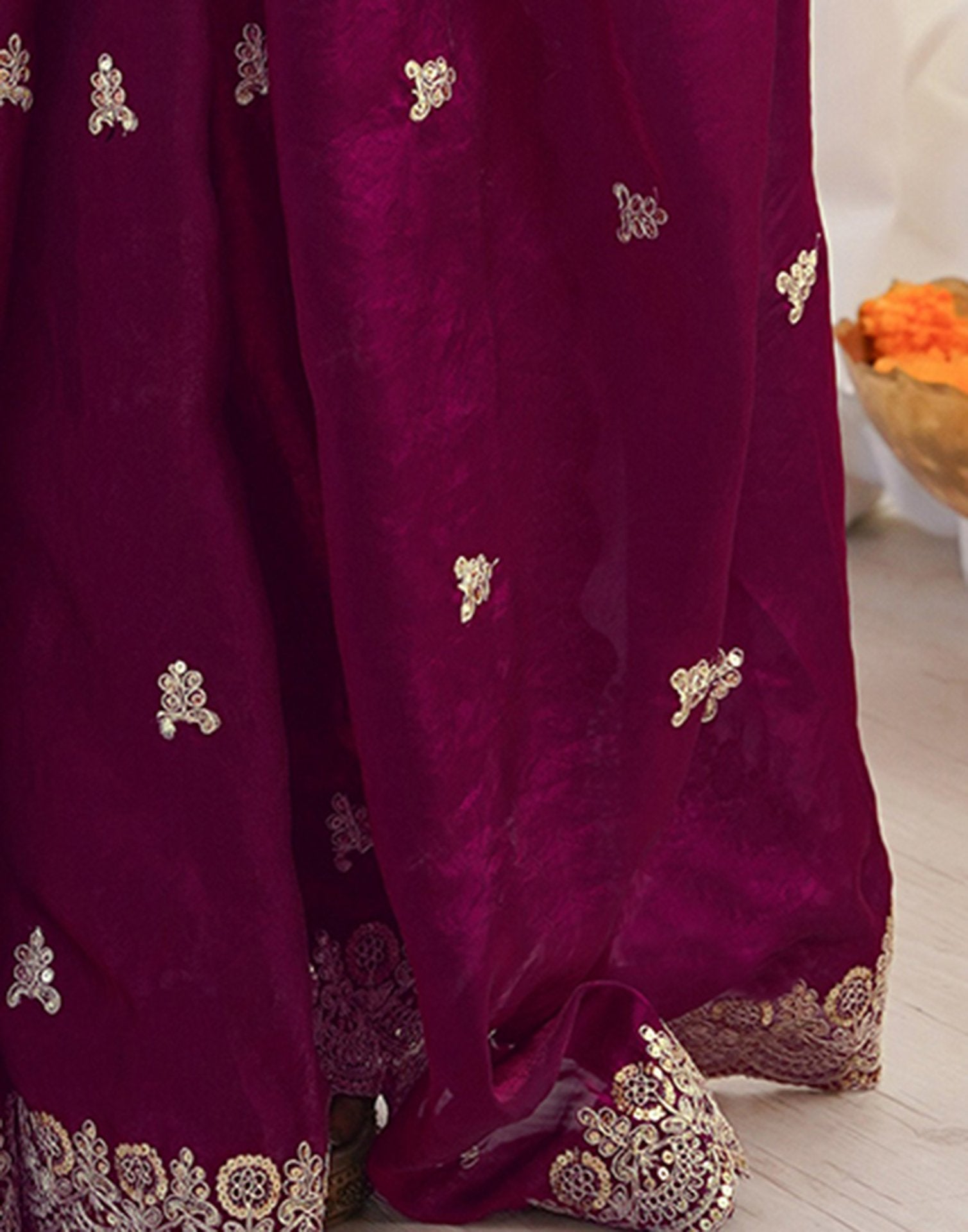 Magenta Tissue Silk Sequence Embroidery Saree