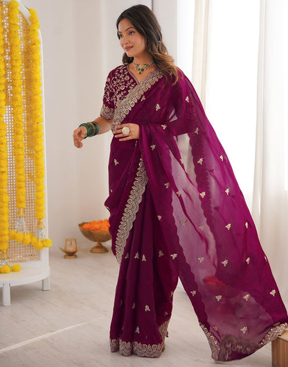 Magenta Tissue Silk Sequence Embroidery Saree