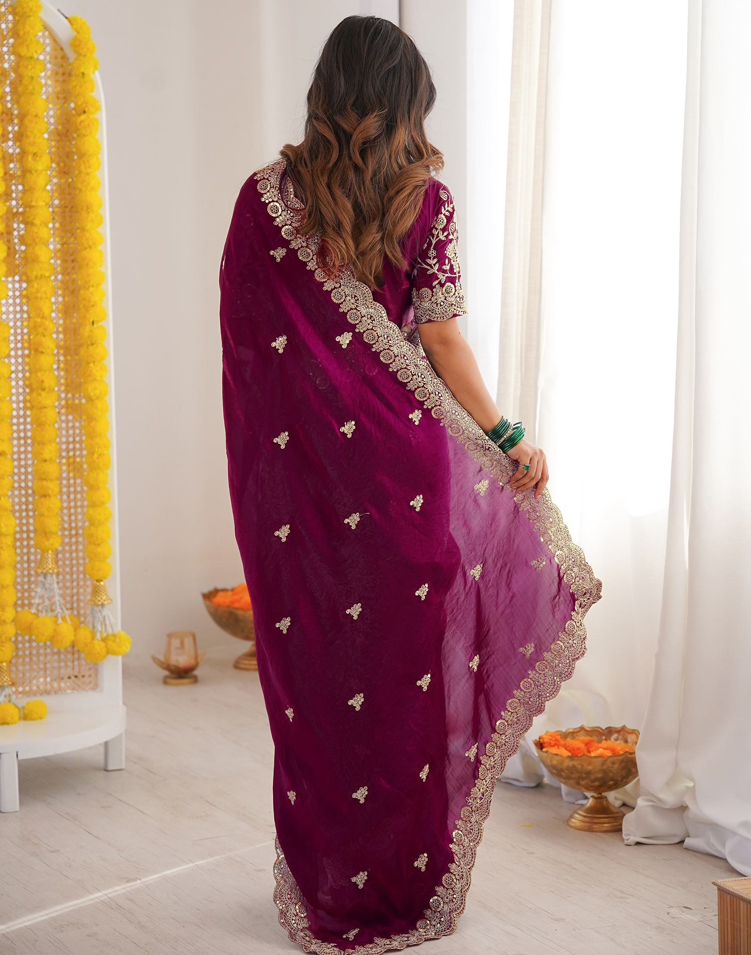 Magenta Tissue Silk Sequence Embroidery Saree