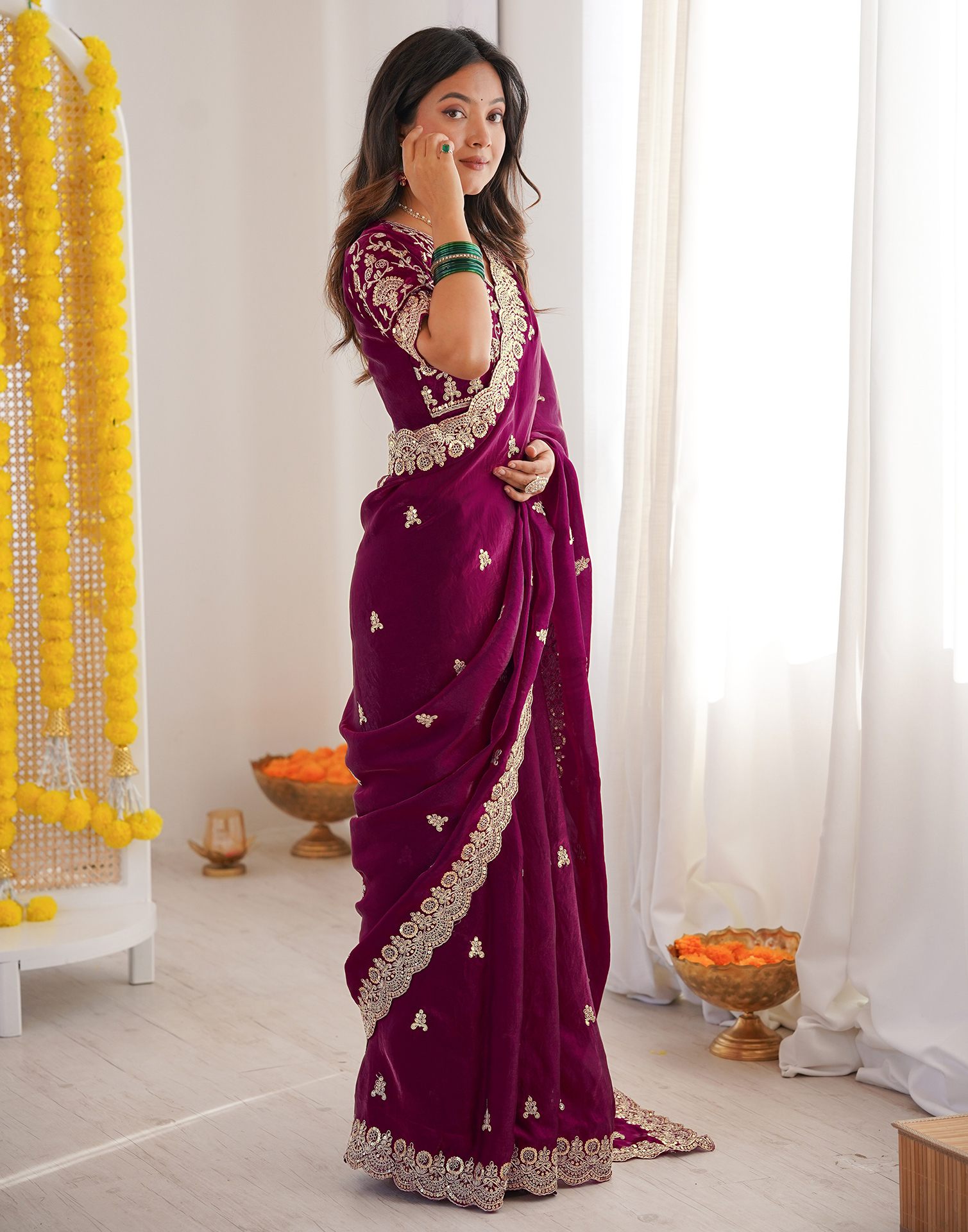 Magenta Tissue Silk Sequence Embroidery Saree