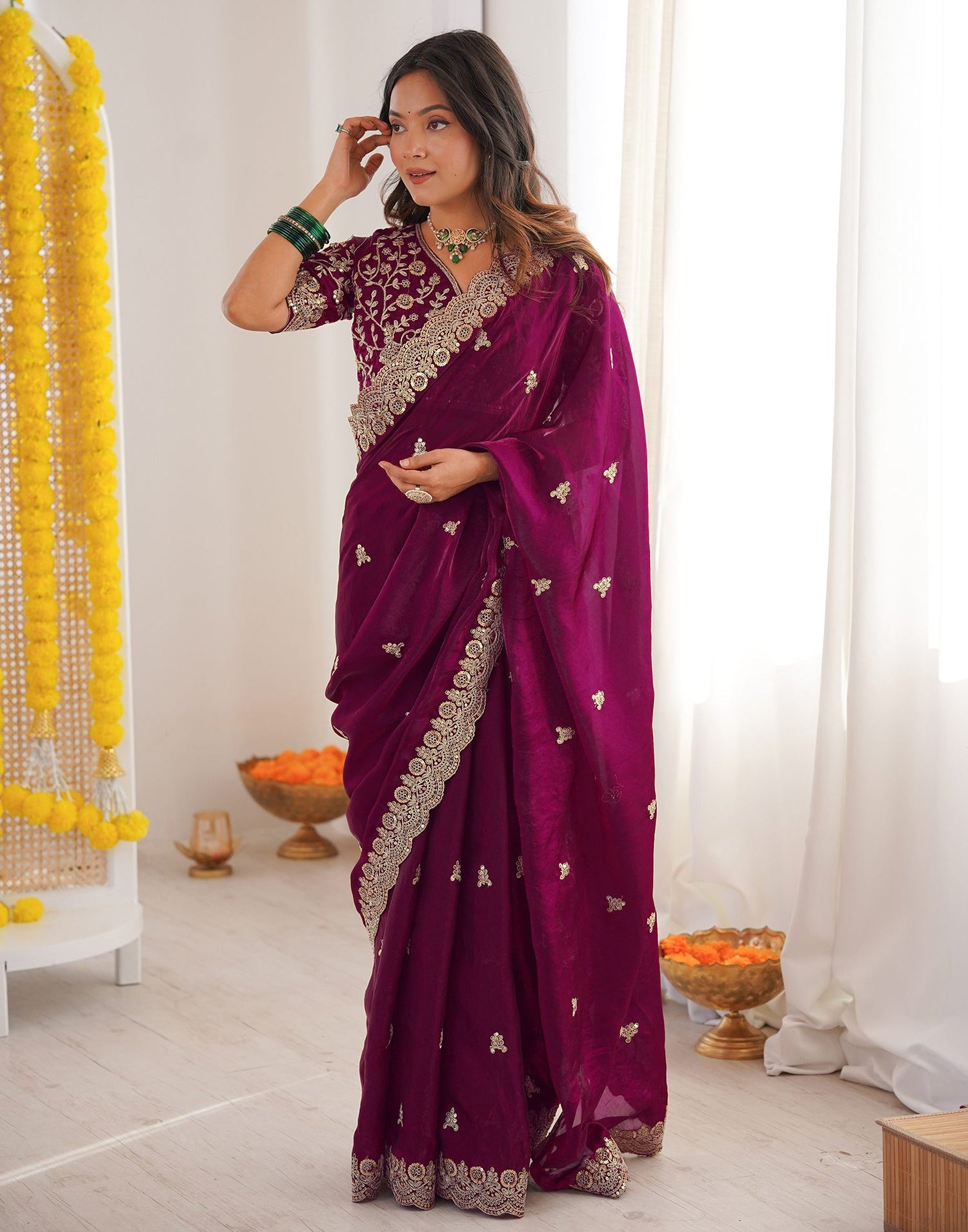 Magenta Tissue Silk Sequence Embroidery Saree