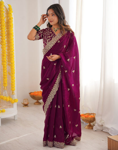 Magenta Tissue Silk Sequence Embroidery Saree