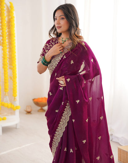 Magenta Tissue Silk Sequence Embroidery Saree